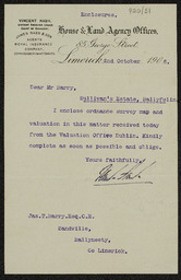 Letter from Vincent Nash to James T. Barry enclosing an Ordnance Survey map and valuation