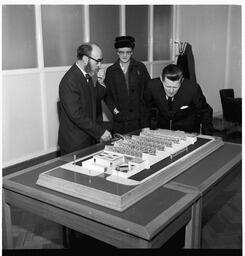 Mr Brendan O'Regan, Mr Hudson and his Son, with model of factory (1)