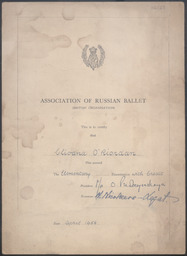 Certificate, Association of Russian             Ballet to Cliodna O’Riordan, 1958