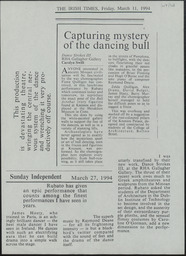 Press reviews, Dance Strokes III – Bull Dance, RHA Gallagher             Gallery, 1994