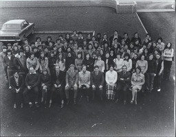 [Group portrait of students and lecturers on campus grounds of the technical College in Tralee, county Kerry where they enrolled for the PE course which would continue at the campus at Plassey, Limerick.]