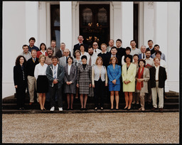 Group portrait of a 20-year alumni reunion outside Plassey House