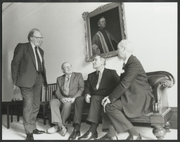 Ray MacSharry, Barra O Cinneide, Colm O hEocha, Dr Ed Walsh, John A. Daly and others at an unidentified event in Plassey House