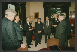 Ray MacSharry, Barra O Cinneide, Colm O hEocha, Dr Ed Walsh, John A. Daly and others at an unidentified event in Plassey House