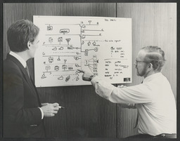 Gordon Young and Patrick Kelly discussing and designing a network system at NIHE Limerick