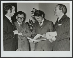 Opening of an exhibition on Irish books with Dr Ed Walsh, Paddy Kiely, Des O'Malley and [the French Ambassador?]