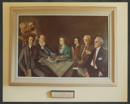 Portrait of the Limerick University Planning Board, and surviving members of the Board posing with the portrait