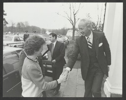 President Mary Robinson shaking hands with Dr Ed Walsh on the steps of Plassey House