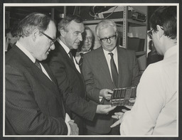 John A. Daly, Albert Reynolds, Professor Noel Mulcahy, Commissioner Millan and John O'Flaherty with the Jackie computer memory product