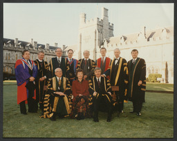 President Mary Robinson with a group of men in academic robes [possibly heads of Irish universities?]