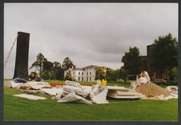 Shots of erection of sculpture by Michael Warren in front of Plassey House