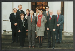 Humanities Presentation, Marc Serge Rivière book launch, "The Governor's Noble Guest," Group Portraits taken outside Plassey House, a man and a woman in Plassey House, two men looking at a book titled "American Institute for Foreign Study 1999-2000"