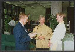 AV unit activities including Christmas party 1995, event in Glucksman Library, computer and lab equipment, staff portraits, Stables courtyard