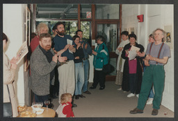 AV unit activities including Christmas party 1995, event in Glucksman Library, computer and lab equipment, staff portraits, Stables courtyard