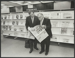 Lewis and Loretta Glucksman at the Glucksman News Centre in the library in the Main Building, Salmon Falls Sculpture, By Michael Warren, [Friends of the University of Limerick?] event