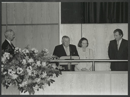 Lewis and Loretta Glucksman at the Glucksman News Centre in the library in the Main Building, Salmon Falls Sculpture, By Michael Warren, [Friends of the University of Limerick?] event