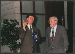 Lewis and Loretta Glucksman at the Glucksman News Centre in the library in the Main Building, Salmon Falls Sculpture, By Michael Warren, [Friends of the University of Limerick?] event