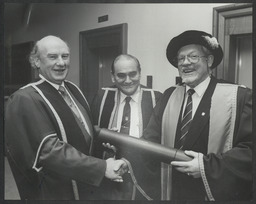 Mary Wallace and students, Noel Mulcahy receiving honorary Doctorate from NCEA, Visiting Professor, EU [Joc?], Australian Senator, Shanghai Municipal Education Commission Delegation