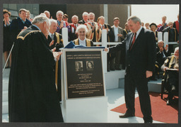 Opening ceremony of Glucksman Library by an Taoiseach Bertie Ahern, Bertie Ahern viewing the Norton Collection, Damaged Library Plaque, Unveiling of Desmond Kinney's mosaic and plaque outside the library Board Room