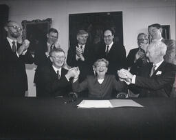 The heads of the 7 universities with the Minister for Education Niamh Bhreathnach after she signed the commencement order for the Universities Act at NUI Maynooth