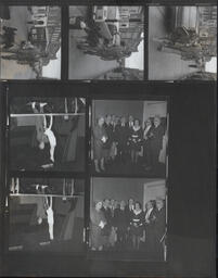 [Print of various negatives depicting an NCPE Russia gym instructor at work, a meeting concerning the College at Limerick Chamber of Commerce, and a series of stills showing James Oliver.]