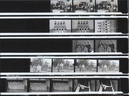 [Print of various negatives depicting the NIHE Dramatics and Art Society performing ‘Moll’ at a city theatre, NCPE athletics team, NIHE winners of organisers quiz at Shannon Arms, NIHE students scheme for holidays and NCPE athletes and gymnasts.]