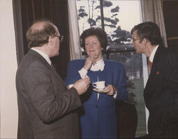 Patrick Doran, Mary O'Rourke and John O'Connor having tea at the announcement of the University initiative for Limerick.