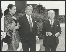 Edward Walsh and Noel Mulcahy with Anthony O'Reilly and his wife Chryss Goulandris outside Plassey House