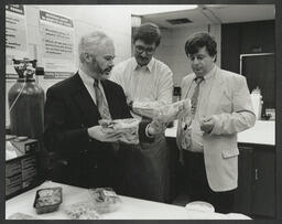 Three men in a laboratory with food products