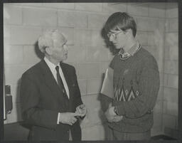 Professor L. G. Sweeney discussing career options with IUP student Martin Conway at the Introduction to University Programme Careers Workshop