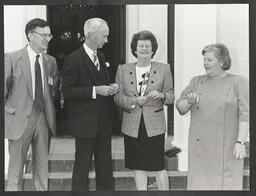 John O'Connor, Edward Walsh, Mary O'Rourke and Deirdre Nic Charthaigh, Trinity College, outside Plassey House