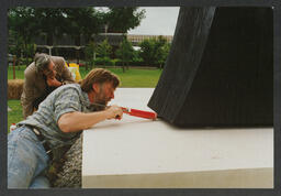 Shots of erection of sculpture by Michael Warren in front of Plassey House