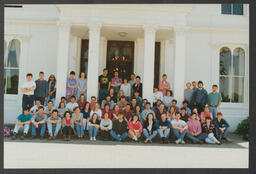 Shots of students on campus and [staff?] in front of Plassey House labelled "Fionnula Wange group - international women's studies" and "Architects Glucksman Ind.Bio Chem."