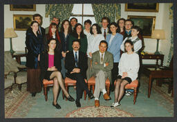 Shots of students on campus and [staff?] in front of Plassey House labelled "Fionnuala Wange group - international women's studies" and "Architects Glucksman Ind.Bio Chem."