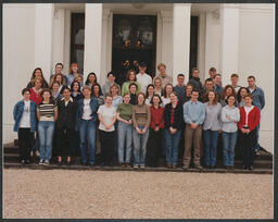 Group shots of students in front of Plassey House labelled "Joe Wallace Group April 97 - personnel management BBS grad class 97"