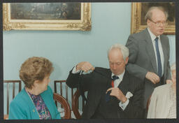 Group shots of formal occasion with Dr Ed Walsh in Plassey House labelled "Irish watercolour society presentations July 1995 & two [Armenian?] Friends of Dr Walsh"