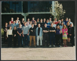 Group portrait No. 6 of students and Donal Dineen in front of the Main Building at the University of Limerick