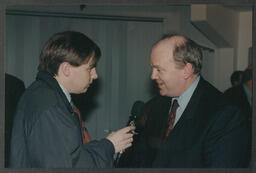 Michael Noonan with a Journalist at the "LIS Topping Out March 97" at the University of Limerick